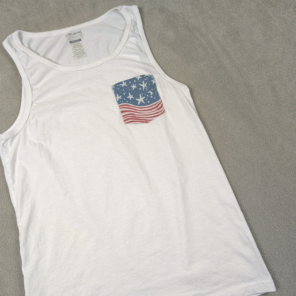 Billabong Tank Top Size Small Mens White American Flag Pocket Tailored Fit